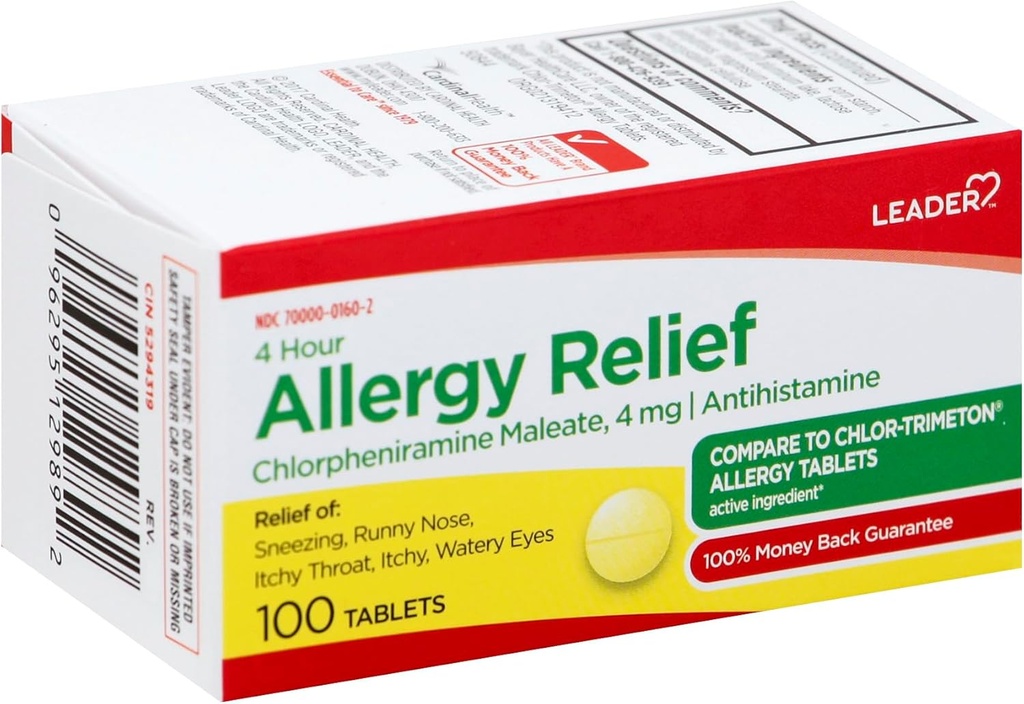 4 Hour Allergy הקלה, Chlorpheniramine מאלט 4 מ"ג טבליות, הקלה מהירה פעולה עבור Sneezing, Runny Nose, Itchy Eyes, Allergies, 100 Tablets