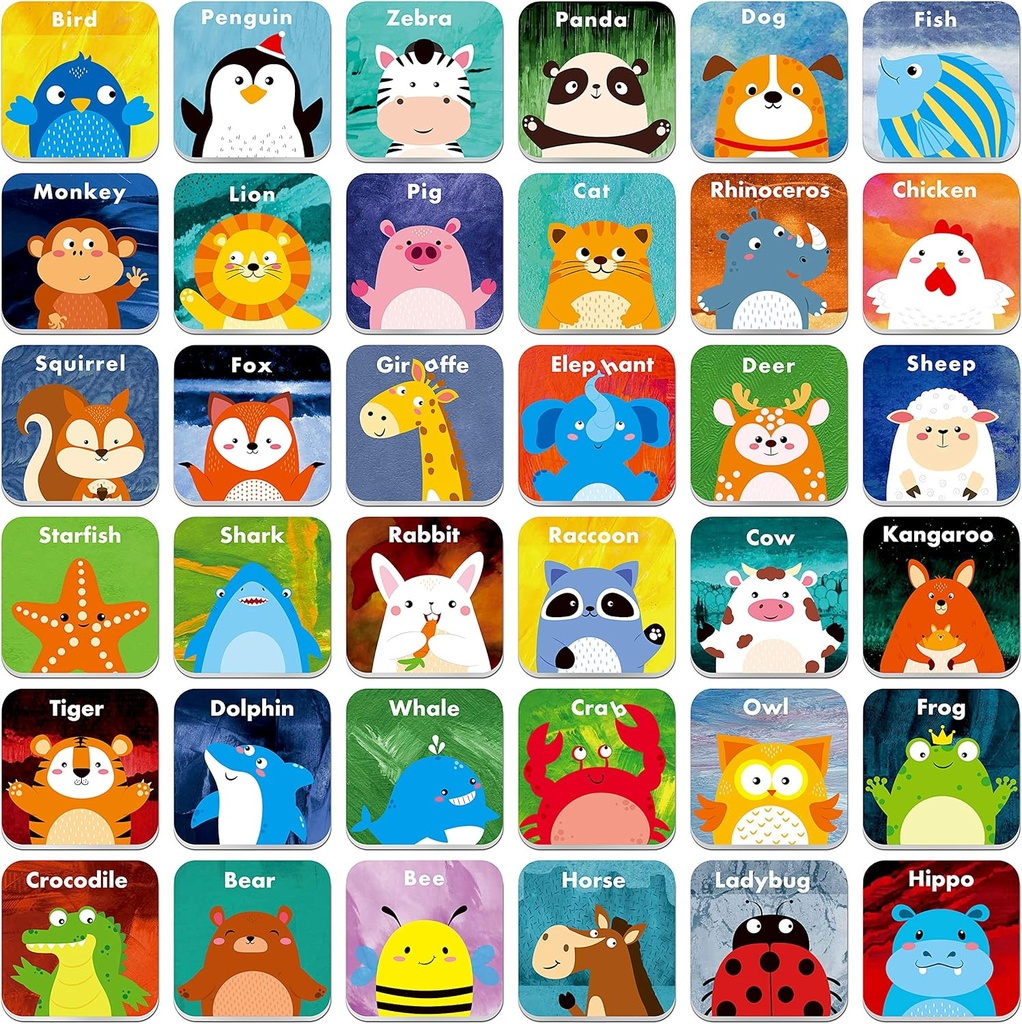 Hebayy 36 Pair Animals Matching Game Cartoon Flash Cards Erasable (72 PCs, Every Measures 2) X 2