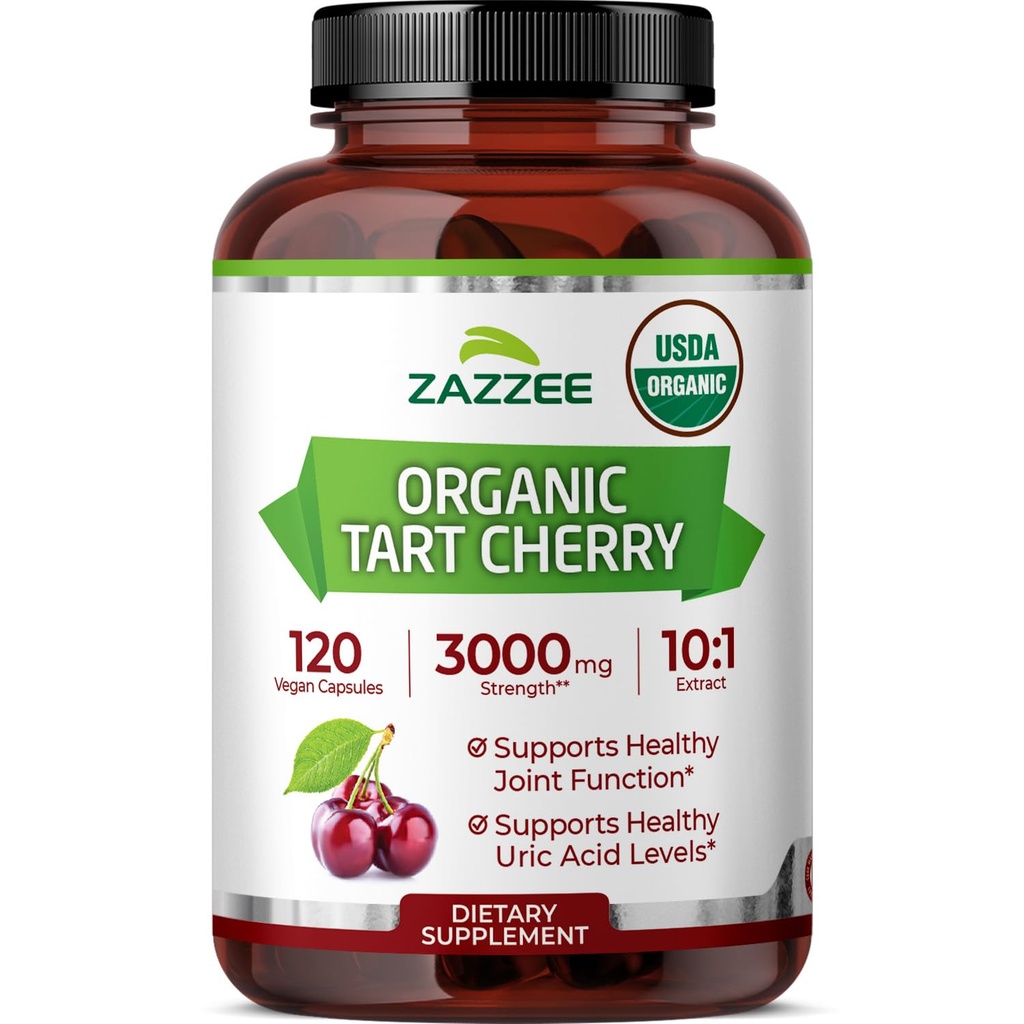 Zazzee USDA אורגני Tart Cherry 10:1 לחלץ, 3000 מ"ג כוח, 120 קפסולות טבעוניות, 4 חודשים אספקה, סטנדרטית, ריכוז 10X לחלץ, 100% Vegetarian, אורגני מוסמך, All-Natural ולא GMO