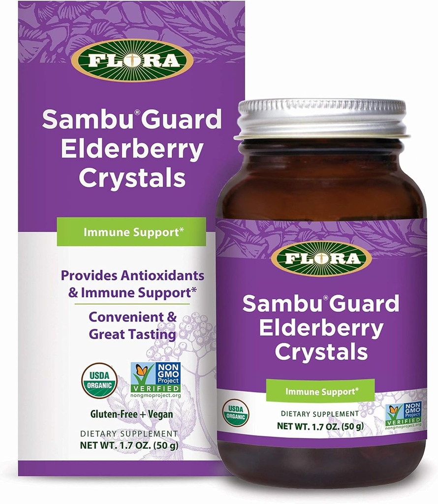 פלורה - Sambuguard Elderberry Crystals, מספק אנטי-oxidants & Immune Support, מחזקת את Immunity, Detox Body, Boost Energy, 1.7-oz. אבקת אבקה