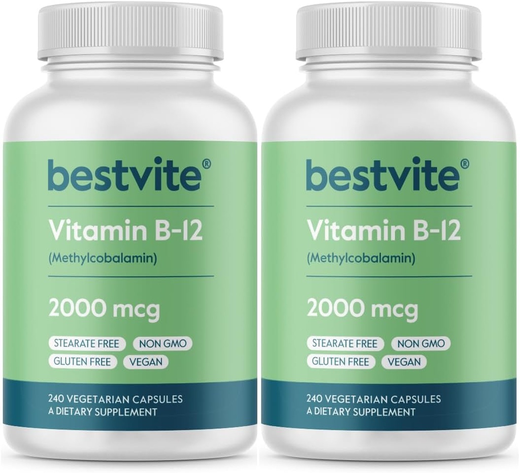 הטוב ביותר ויטמין B12 (Methylcobalamin) 2000mcg (480 קפסולות צמחוניות)(2 x 240) (Methyl B12 - No Stearates - טבעוני - Non GMO - Gluten Freeten Freeten