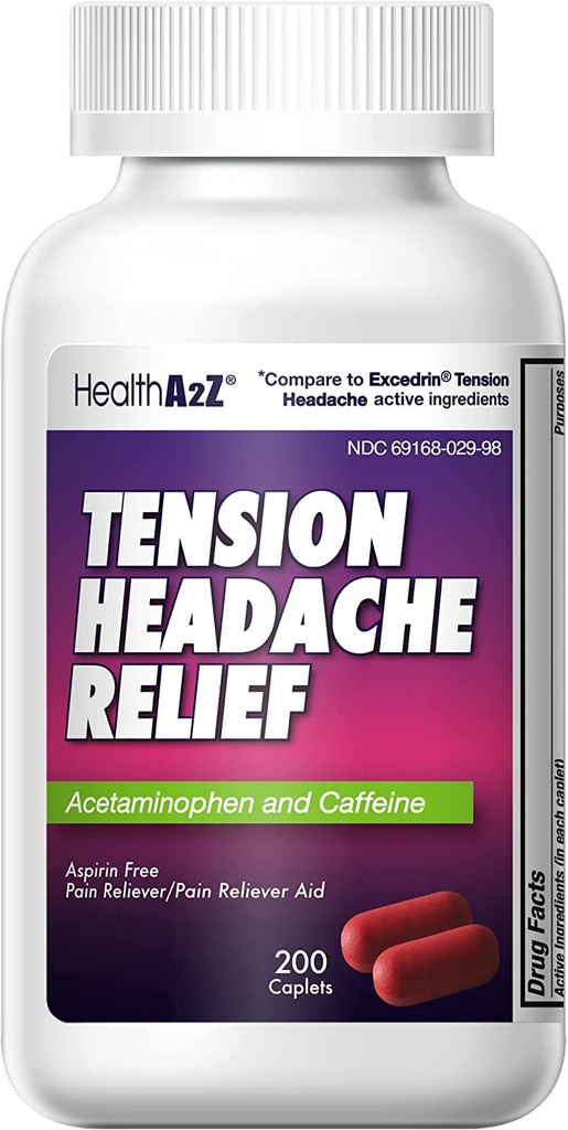 בריאותA2Z® Tension Headache הקלה | Acetaminophen 500 מ"ג | Caffeine 65mg | Pain Reliever Aid | Aspirin Free (200 caplets)