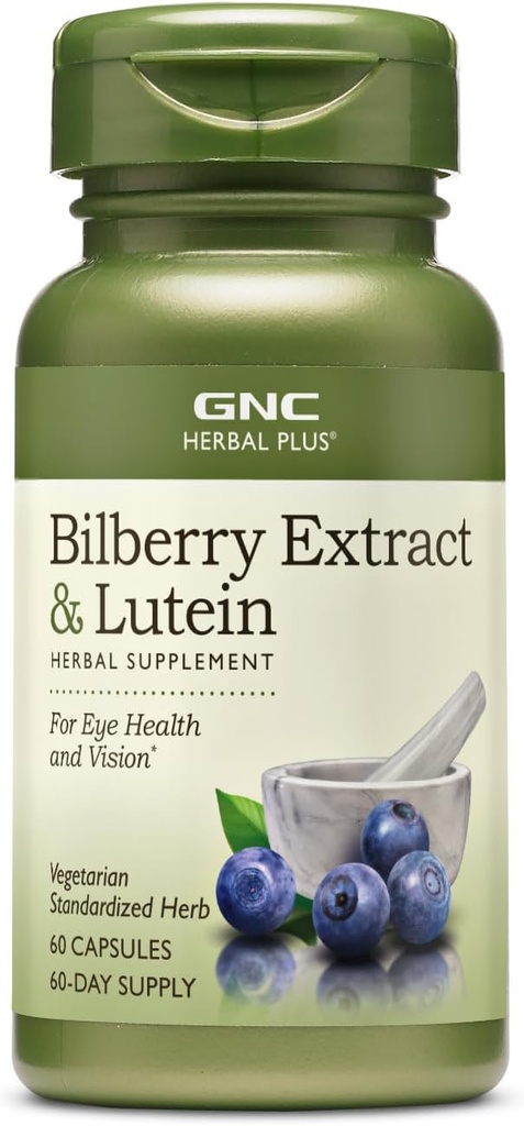 GNC Herbal Plus Bilberry לחלץ ותוסף Lutein, Vegetarian, תומך עיניים וחזון בריאות, 60 משרתים
