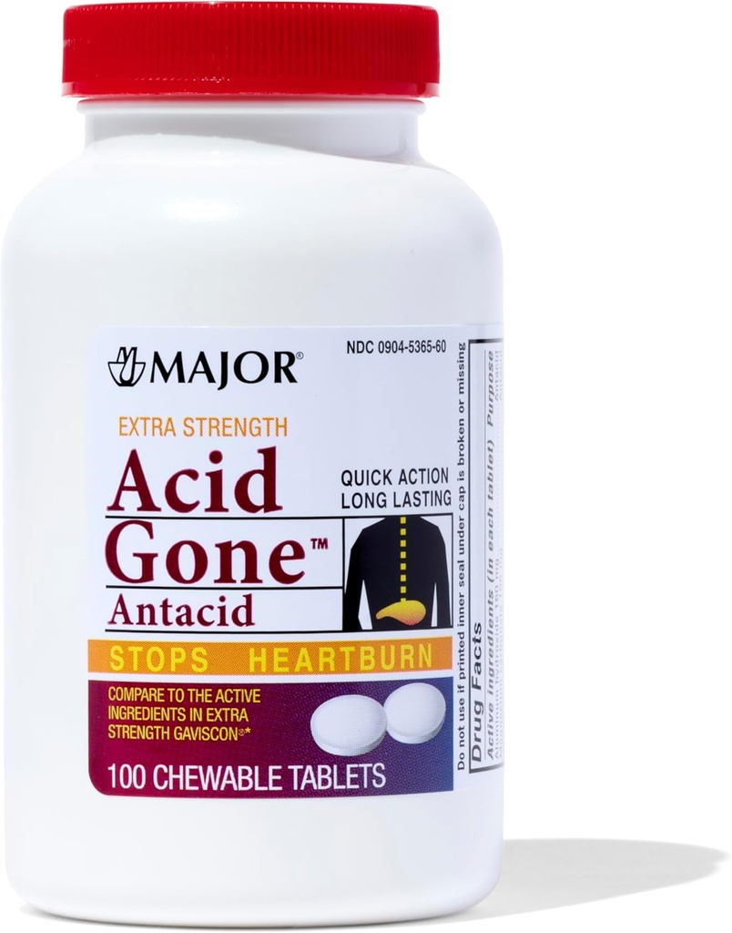 MAJOR Acid Gone כוח נוסף Antacid Chewable טבליות - Anti-Acid הקלה - Acid Reflux Medicine for Adults - Upset Stomach, Acid Indigestion, and Heartburn Relief - Long-Lasting - 100 Count Count