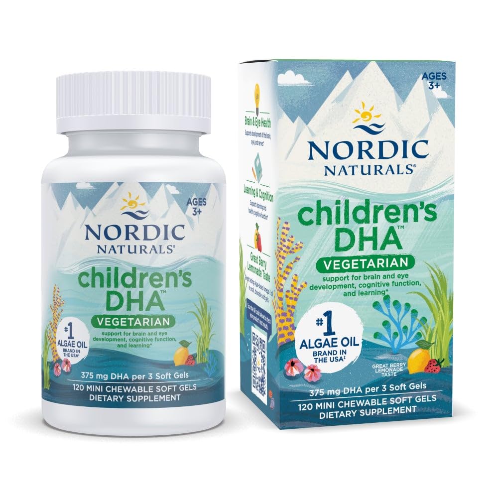 Nordic Naturals Children's DHA Vegetarian - Kids DHA-3 תוסף - אלגה שמן - ברי לימונדה מיני צ'ואנס - פורמולה המבוססת על צמחים במשך 3 - 120 גלס רך - 40 משרתים
