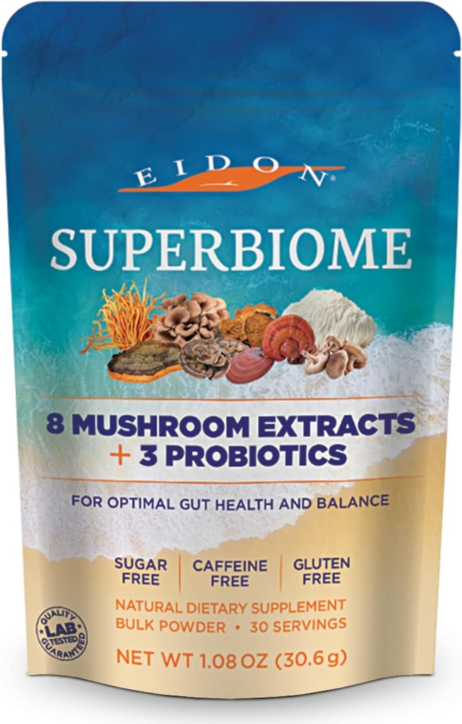 Eidon SuperBiome, Mushroom Probiotics אבקת בלגן, Gut Balance, Microbiome Health Supplement with Organic Reishi, Chaga, Lion's Mane, Cordyceps, טורקיה Tail, Shitake, Maitake, Phelinus, 30 משרתים