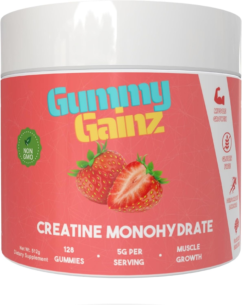 Creatine Monohydrate Gummies שריר בונה מקבל Faster Recovery 5000 מ"ג עבור גברים ונשים Boost Energy Pre-Workout Chewables תוסף 128ct (Regular, Strawberry)