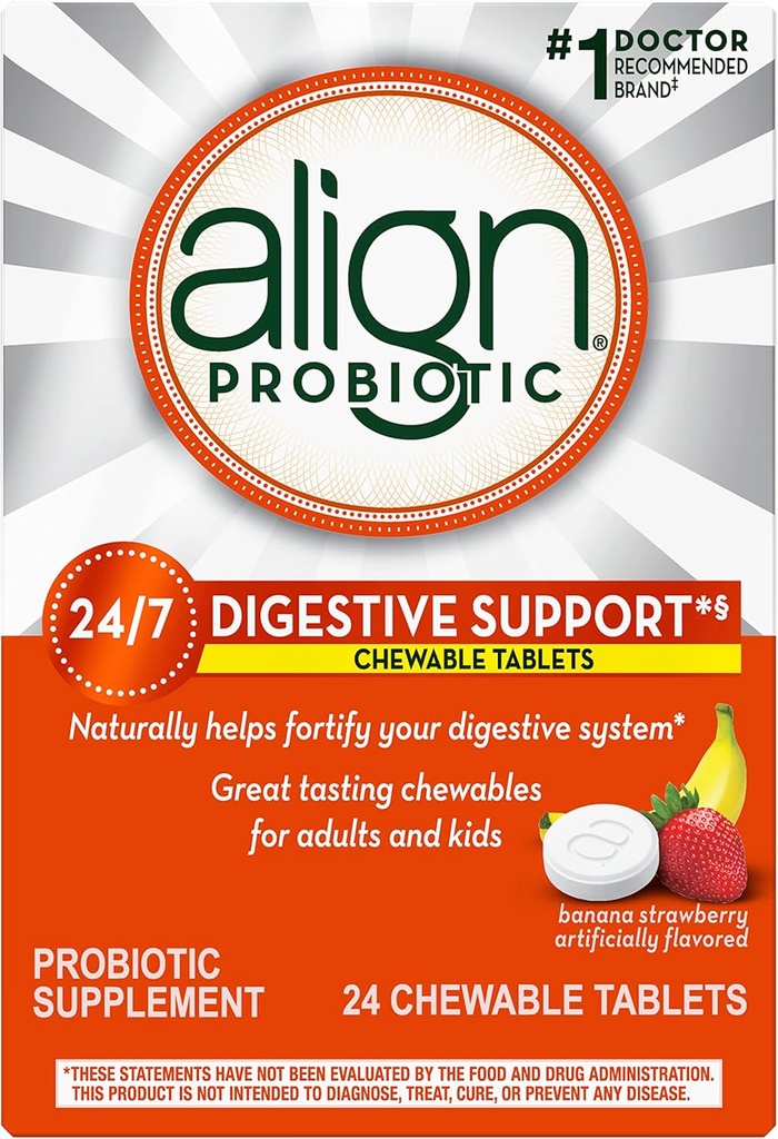 Align Probiotic, Chewable Probiotic Tablets for Women and Men, Fortify your Digestive System 24/7 עם Bacteria בריאה, #1 מומלץ Probiotic על ידי רופאים ו Gastroenterologist, 24 טבליות