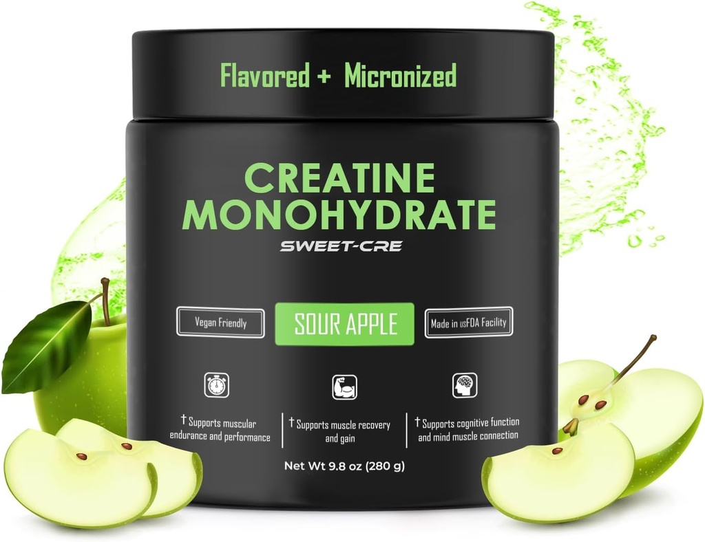 Creatine Monohydrate - 5g Creatine Monohydrate אבקת - Advanced Creatine עבור נשים וגברים - Bulk תוספי Creatine - פירות טעימים Punch Flavor - 10oz (40 משרתים, Sour Apple)