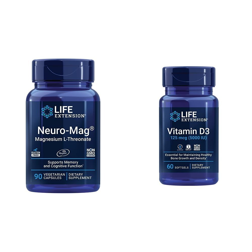 Life Extended Neuro-mag Magnesium L-threonate ווויטמין D3 תוסף Bundle עבור המוח, העצם ו- Immune Health