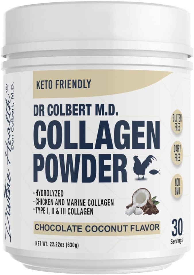 ד"ר קולברט, MD Hydrolyzed Collagen אבקה | שוקולד קוקוס פלמור | על ידי בריאות אלוהית | סוג I, II, III Collagen | תמיכה שיער בריא, עור, ריחות ופרקים | אזור קיטו | 630g | 30 משרתים