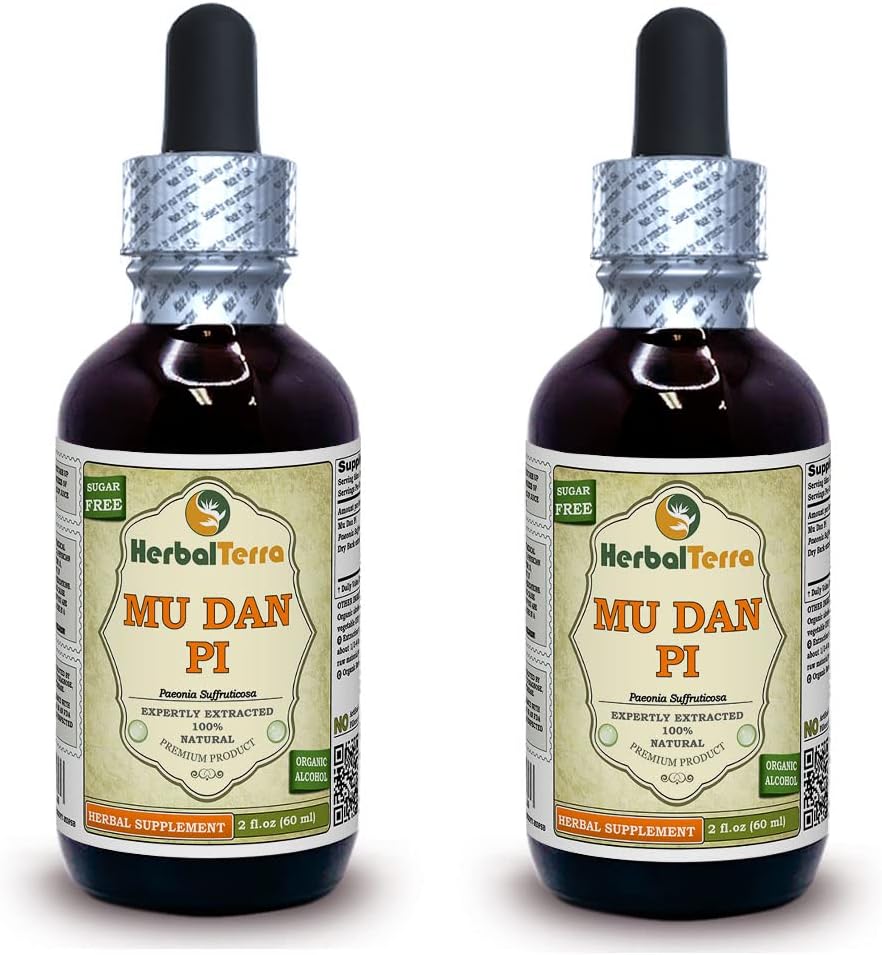 Mu Dan Pi, Tree Peony (Paeonia Suffruticosa) Tincture, אורגני Dried Bark נוזל לחלץ (שםBrand: HerbalTerra, המיוצר גאה בארה"ב) 2x2 fl.oz (2x60 מ"ל)