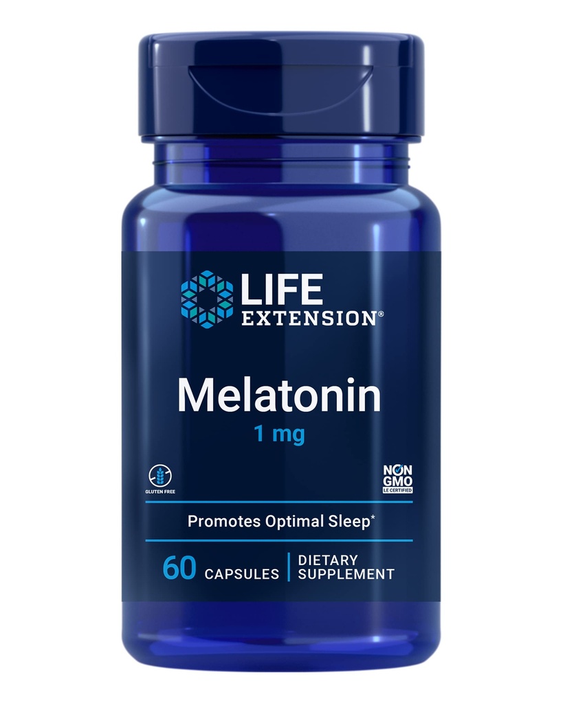Life Extension Melatonin 1 מ"ג - ללילה מנוחה, איזון הורמונלי, ו- Immune Health - שחרור מיידי - Gluten-Free, non-GMO - 60 קפסולות