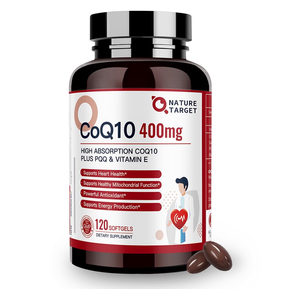 NATURE TARGET CoQ10-400 מ"ג פלוס PQQQQ עם ויטמין E & אורגני שמן זית - Coenzyme-Q10 עם bioPerine - High Absorption Antioxidant-for-Heart-Health and Energy Production, 120 משרתי שמש