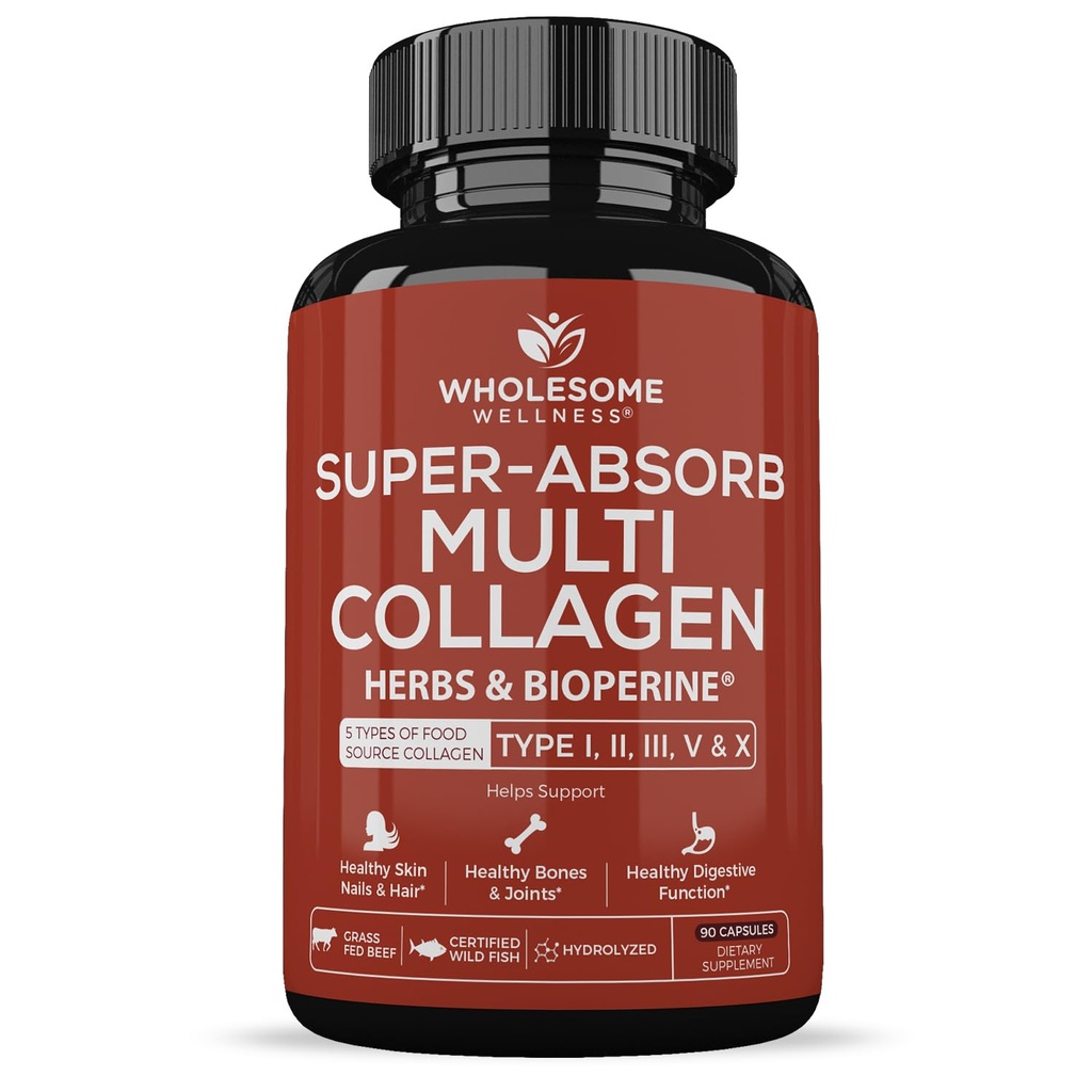 Wholesome Wellness Super-Absorb Multi Collagen Pills (Type I II III V X) אורגני Herbs & Bioperine - שיער, עור, ריחות - תוסף חלבון פפטיד מופחת לנשים וגברים (90 קפסולות)