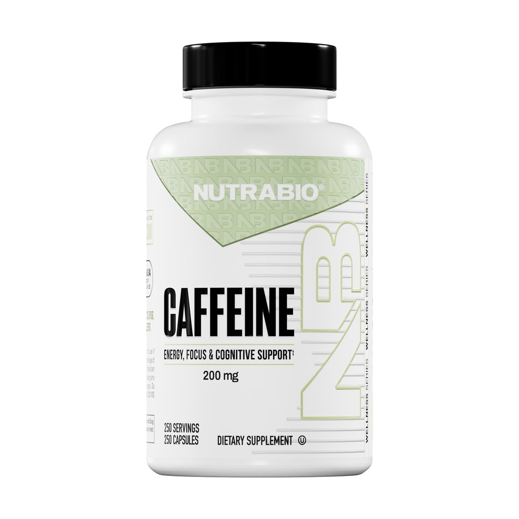 NutraBio 100% טהור קפסולות קפאין (250 קפסולות)