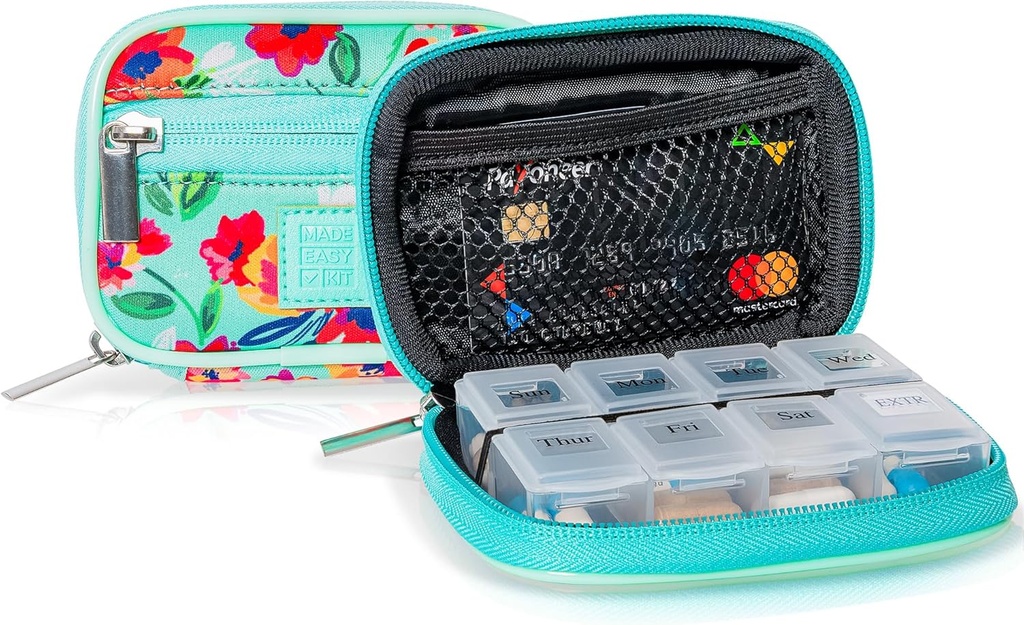 Made Easy Kit Pill Case for Everyday and Travel - 7-Day Medicine תוסף ויטמינים מארגן ויטמינים מסוגנן Tracker - Neoprene Bag with Pockets - קומפקטית 8 השוואתיות (Teal)