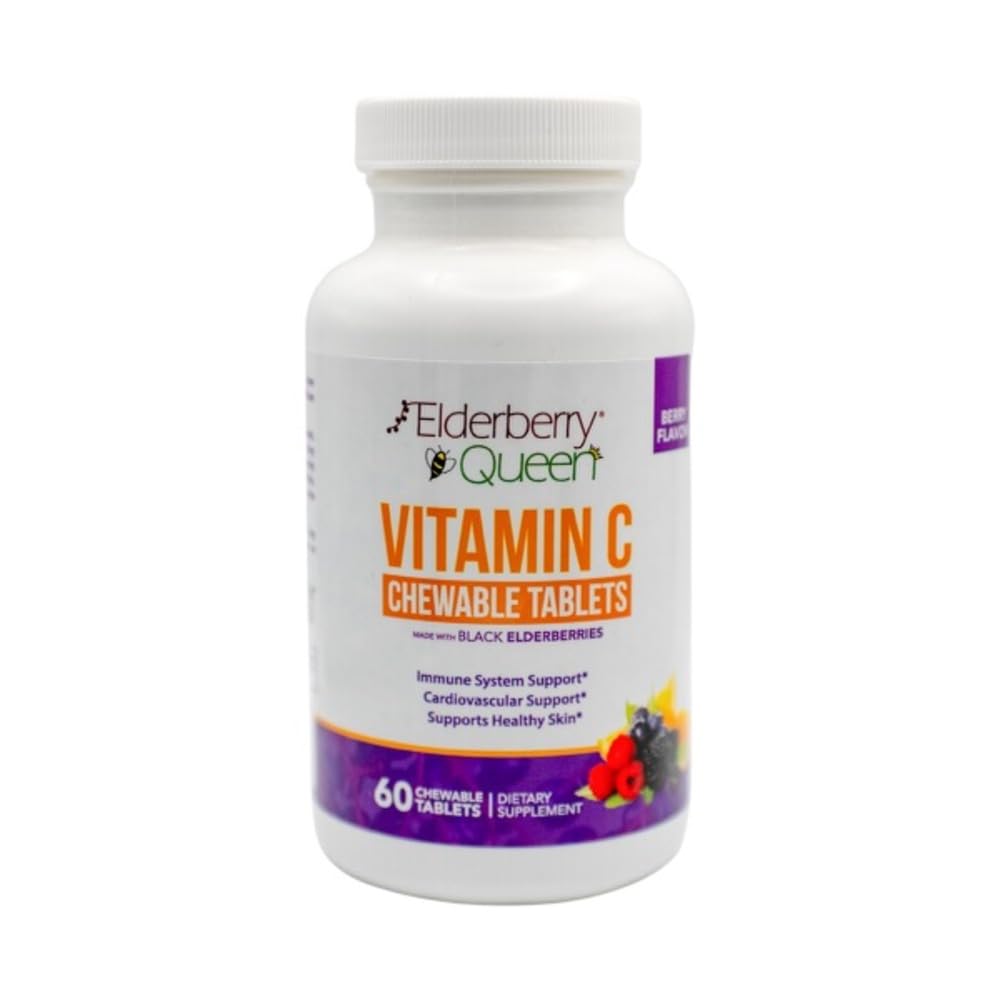 Elderberry Queen Chewable ויטמין C 500 מ"ג - Immune Boost & Antioxidant גלולות תמיכה עם ויטמין A, E & אורגני Echinacea, פירות מבוגרים, Acerola - תוספי תזונה טבעיים, הרוזן 60