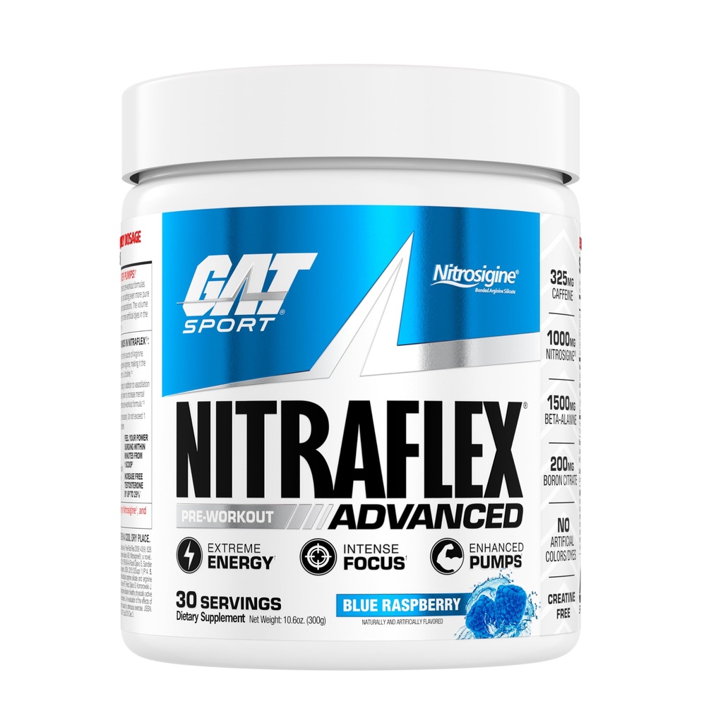 GAT SPORT Nitraflex Advanced Pre-Workout אבקת, מגביר את זרימת הדם, Boosts כוח ואנרגיה, משפר את ביצועי התרגילים (כחול פטל, 30 משרתים)