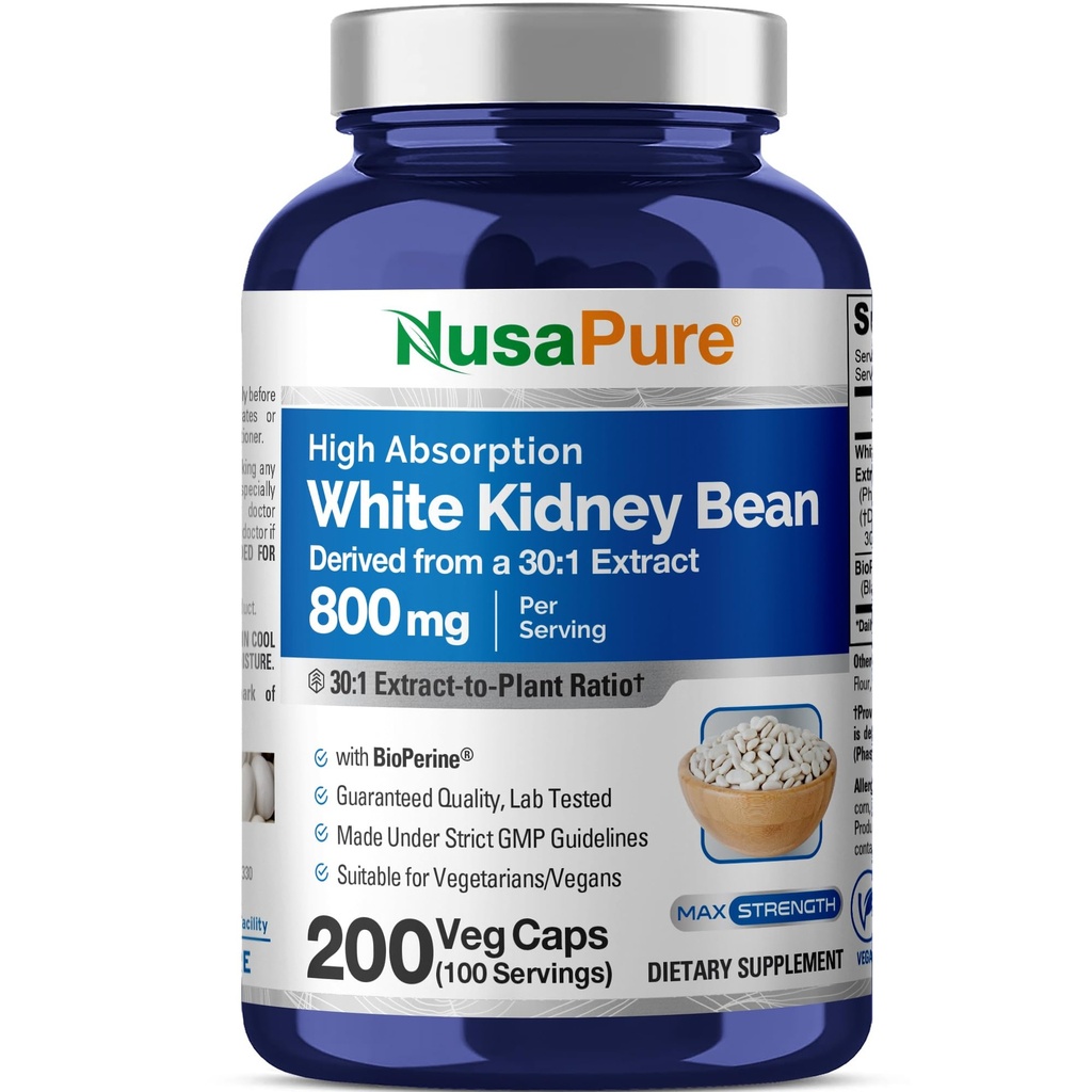 NusaPure White Kidney Beans 30:1 הפקה, 800 מ"ג שווה ערך ל 24,000 מ"ג 200 קפסולות טבעוניות - Bioperine - (Vegan, Non-GMO)