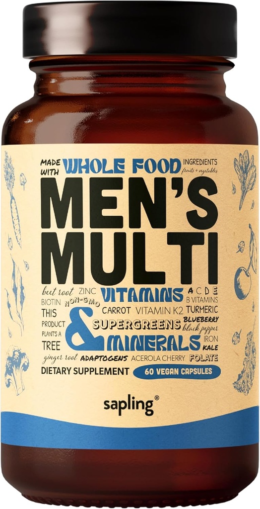 Multivitamin for Men - Daily Men's Multivitamin - Methylated B Complex with Whole Food Ingredients, ויטמין B12, Folate, A, C, D3, E, K2, פירות אורגניים וירקות - טבעוני, non-GMO - 60s Cap