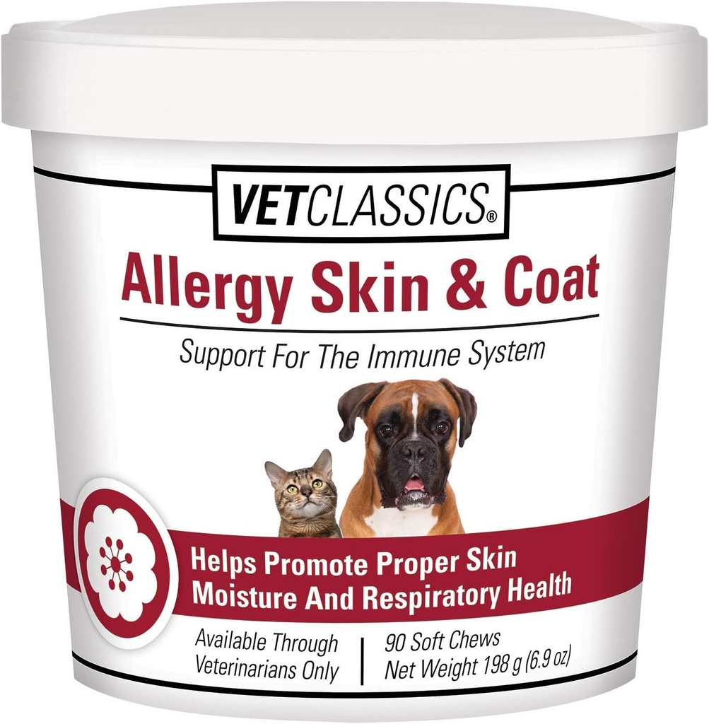 Vet Classics Allergy Skin & Support Stick Pet Supplement for Dogs & Cats - Pet Health Supplement for Cat Skin Moisture, Allergies, Pet Respiratory Health - כולל Antioxidants - Soft Chews 90 Ct.