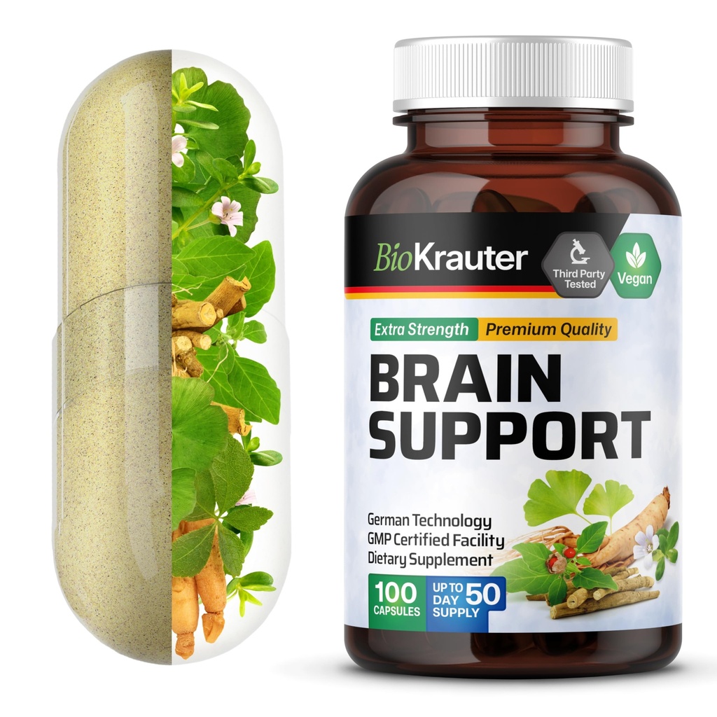 BIO KRAUTER Brain Support Supplement - 100 Count - 1300 מ"ג של Ashwagandha, Panax גינזנג וג'ינקגו בילובה - טבעוני, No Fillers
