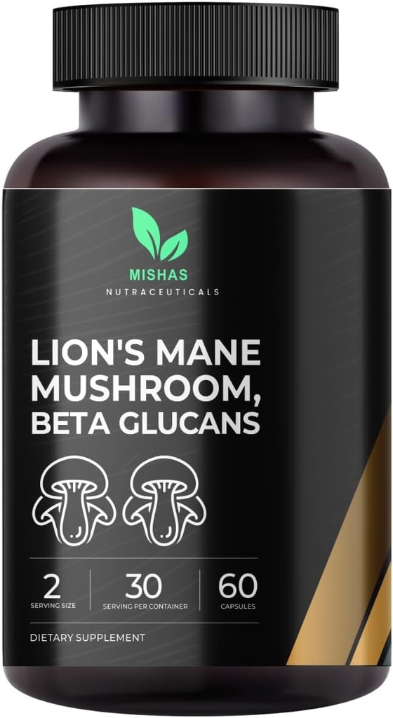 Mishas Lions Mane תוסף - אורגני Lions Mane - תמיכה לבריאות המוח - תמיכה Mushroom עבור Focus & Memory, Immune & Nervous Function System & Men - 60 קפסולות טבעוניות