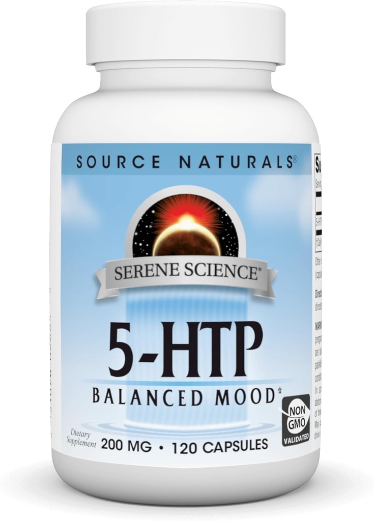 מקורות טבעיים Serene Science 5HTP, Balanced Mood *, תוסף non-GMO Dietary, 200 מ"ג - 120 קפסולות