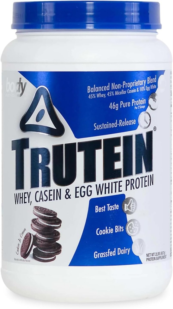 אבקת חלבון גבוהה של הגוף Trutein גבוה חלבון אבקה: 45% Whey, 45% מקרהין, 10% ביצה לבן שקד לערבב, נתרן נמוך, אבקת חלבון פחמימות נמוך לגברים ונשים, קובצי Cookie & Cream, 2lb, 2lb
