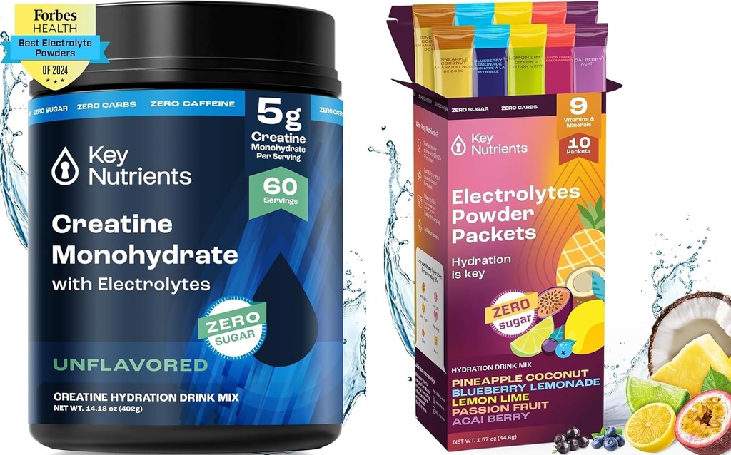 KEY NUTRIENTS Creatine Monohydrate & hydrotion Packets Bundle - Unflavored Micronized Creatine אבקה (60 משרתים) + אלקטרוליט אבקת אבקה (10 משרתים) - כוח Boost, הידרציה ושיקום
