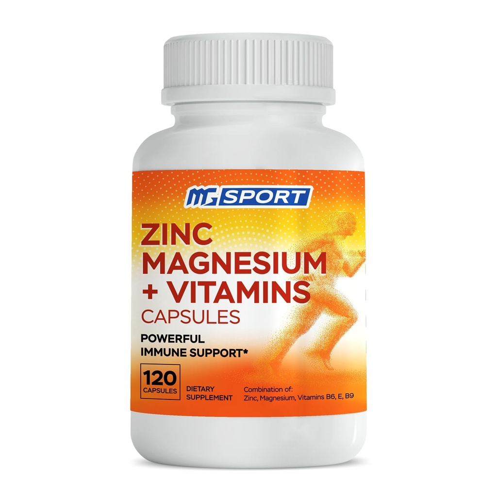 MgSport Magnesium Zinc תוסף עם ויטמינים B6, B9, אבסולוטי גבוה Zsorption Zinc Magnesium שילוב עבור תמיכה בחיסון, התאוששות שרירים, EZ-MG קל על Stomach, 120 קפסולות