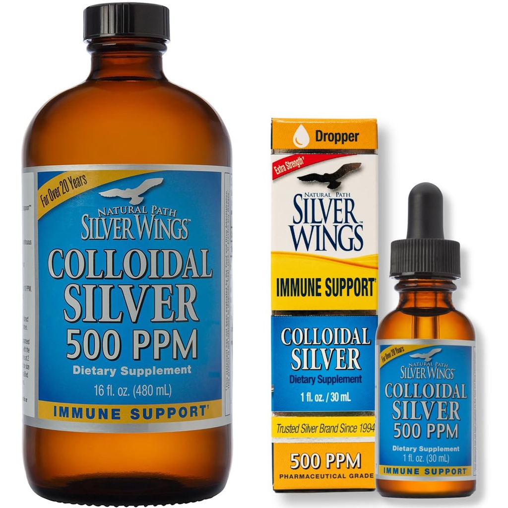 נתיב טבעי שביל Silver Wings תוסף - Colloidal Silver 500 ppm (16 fl.oz / 480 מ"ל) Plus Colloidal Silver 500 ppm (1 fl.oz / 30 מ"ל)