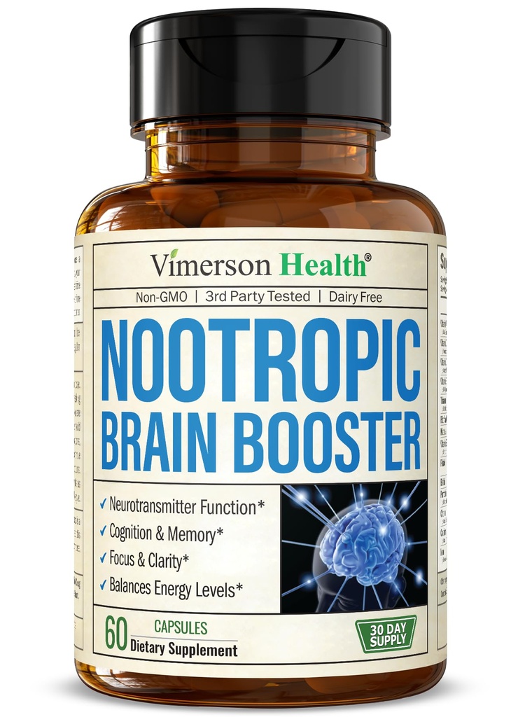 Nootropics Brain Support Supplement - Nootropic Brain Booster for Improved Focus, ריכוז וזיכרון. המוח nootropic לבריאות המוח, Mood & אנרגיה תמיכה. Non-GMO מיוצר בארה"ב. 60 קפסולות