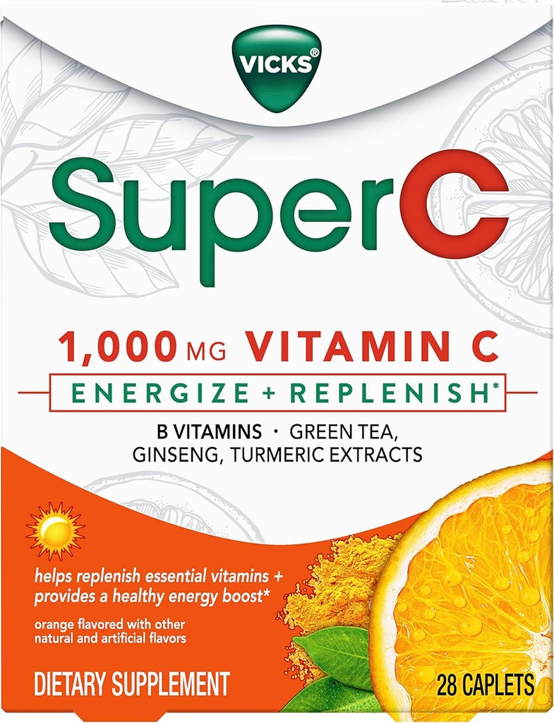 ויקי Super C Energyze + תוספת יום חגיגית עם ויטמין C, ויטמין B, תה ירוק, גינזנג, ו- Turmeric לחלץ ויטמינים חיוניים *, 28 Caplets