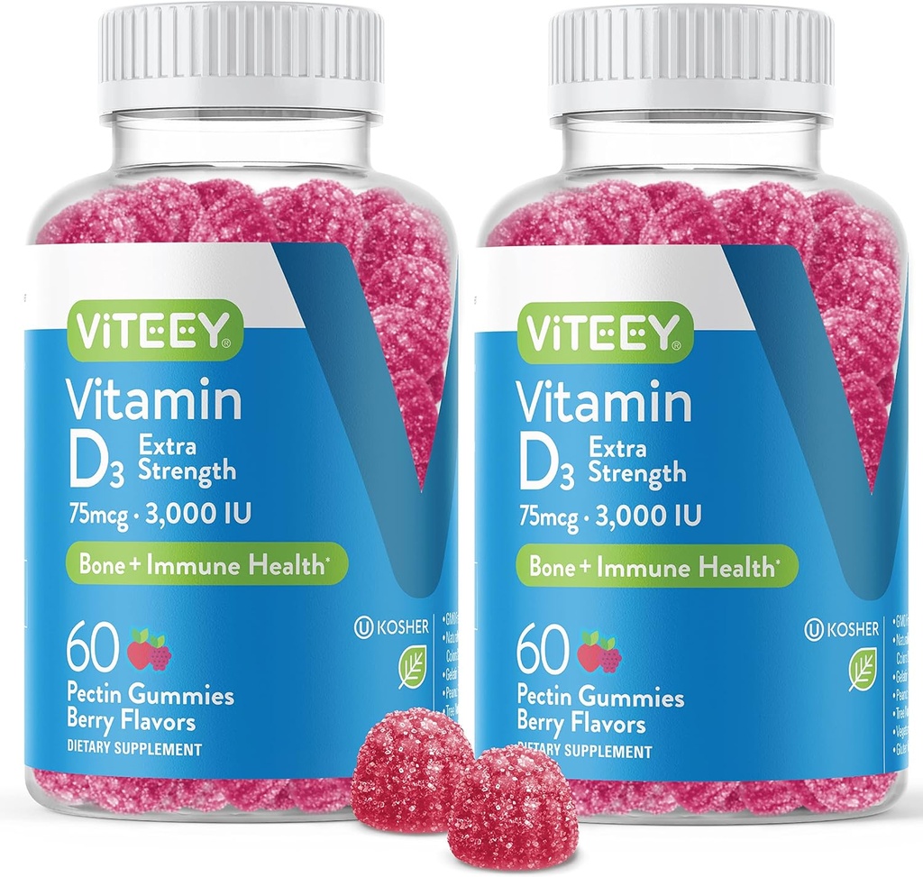 ויטמין D3 חניכיים למבוגרים ולמתבגרים - 3,000 IU, 75mcg, תוספת כוח - Joint & שריר בריאות, Immune Boost - Chewable ויטמין Dחניכיים - Vegetarian, Gelatin חינם - Tasty Berry Flavored Gummy
