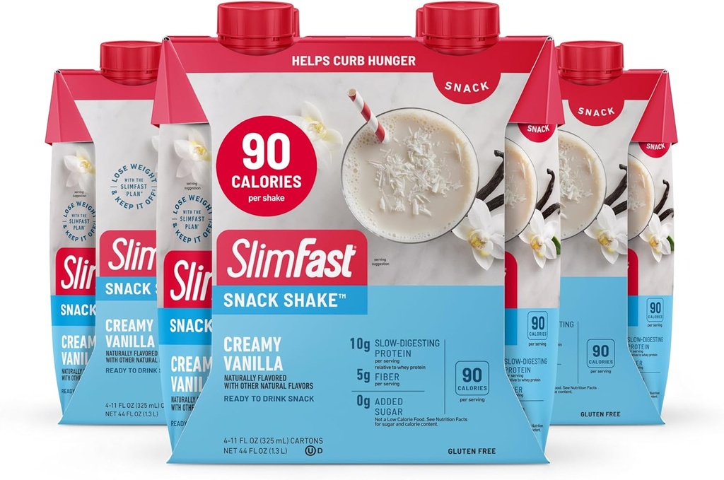 SlimFast חטיף Shake, 90 Calorie סיבים שקד, מוכן לשתות, משקאות חלבונים, Creamy Vanilla, 12 Count