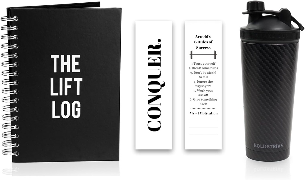 חלבון פלדה ללא ספק Shaker בקבוק, Insulated Water Bottle with Black Carbon סיבים & Workout Journal with Bookmark - 6 חודשים Undated Daily Fitness Journal