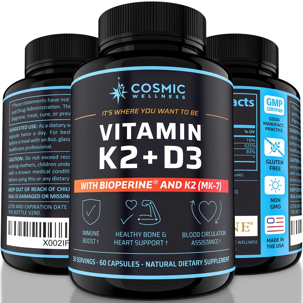 K2 D3 ויטמין תוסף 5000 Iu - for Healthier Bones, Blood, Heart, and Better Immunity - Enhanced Calcium Absorption with Bioperine - 100% טבעי ואלרגן חינם - ויטמין D3 K2 Mk7 5000 Iu