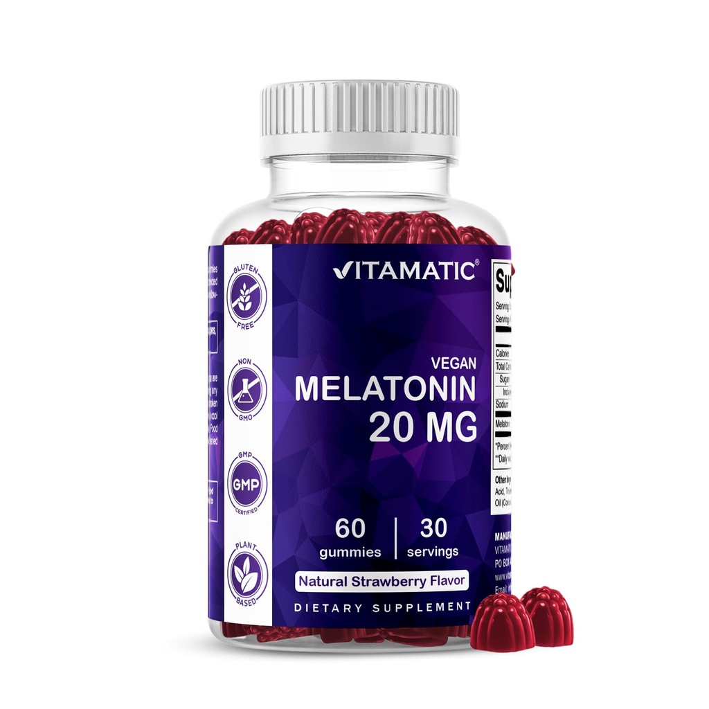 Vitamatic Melatonin 20 מ"ג חניכיים למבוגרים, 30 משרתים - 60 Count - Non-Habit Forming תוסף