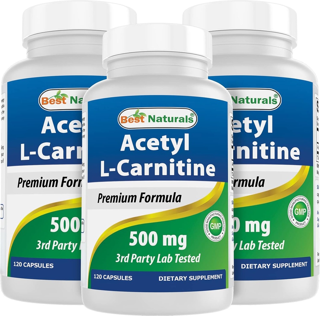 Best Naturals Acetyl L-Carnitine (ALCAR) 500 מ"ג, 120 קפסולות, 120 משרתות - non-GMO ו- Gluten Free, 1 קפסולה לשרת (3 Pack)
