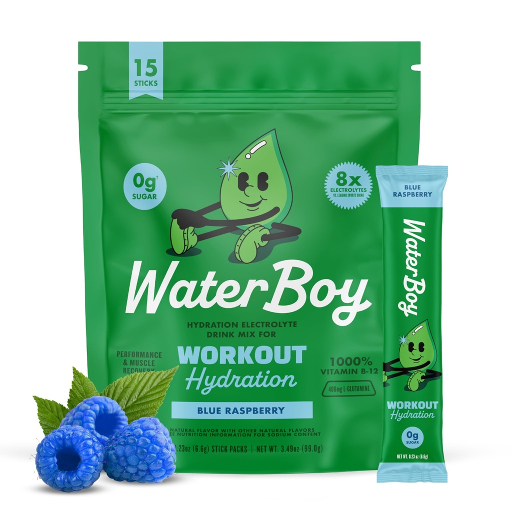 Waterboy Workout hydrotion | 2,960mg Sugar Free Electrolyte אבקת Packets | L-Glutamine + ויטמינים | No Sugar, All Natural, Gluten Free | 15 משקאות Stickes (כחול פטל)