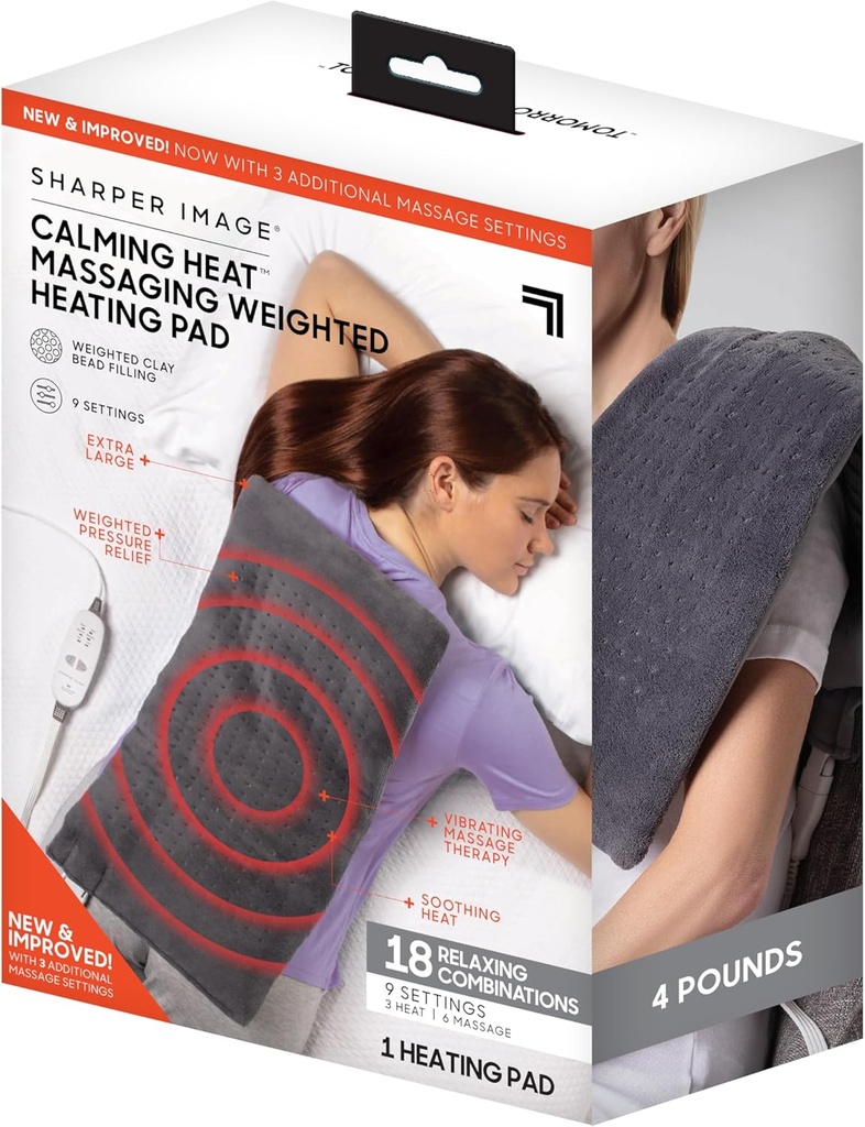 Calming Heat Massaging Weighted Pad by Sharper Image- Weighted Electric Heating Pad with Massaging Vibrations, 9 הגדרות- 3 Heat, 6 עיסוי- 18 שילובים מרגיעים, 12" x 24, 4 lbs