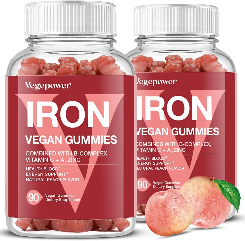 טבעוני ברזל חניכיים תוספת - Multivitamin תוסף עם ויטמין C, A, B & Zinc - בריאות דם ואנרגיה תמיכה בהגנת ברזל, אנמיה, No After Taste - Peach Flavor(2 Packs)