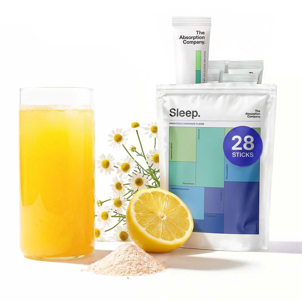 אבקת Sleep Aid - Calming drink for Deep Sleep with Liposomal Saffron, Magnesium & PharmaGABA Melatonin-Free Natural Supplement to Stress and Improve Sleep Quality Chamomile Lemonade 28 Sticks