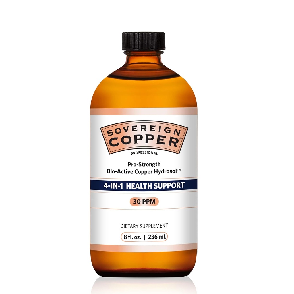 ריבונית Pro-Strength Bio-Active Copper הידרוסול - תוסף נוזלי Bioavailable Copper למבוגרים וילדים w / Silver Hydrosol עבור שיער, עור, וציפורים, 30ppm - 8 oz (237mL)