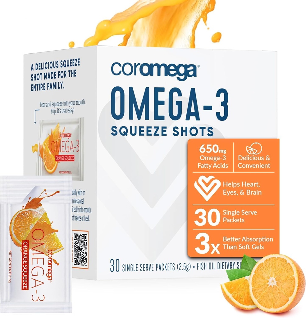 קורומה אומגה 3 שמן דגים, 650 מ"ג של אומגה 3 עם 3X Better Absorption Than Softgels, Orange Flavor, 30 Single Serve Squeeze Packets