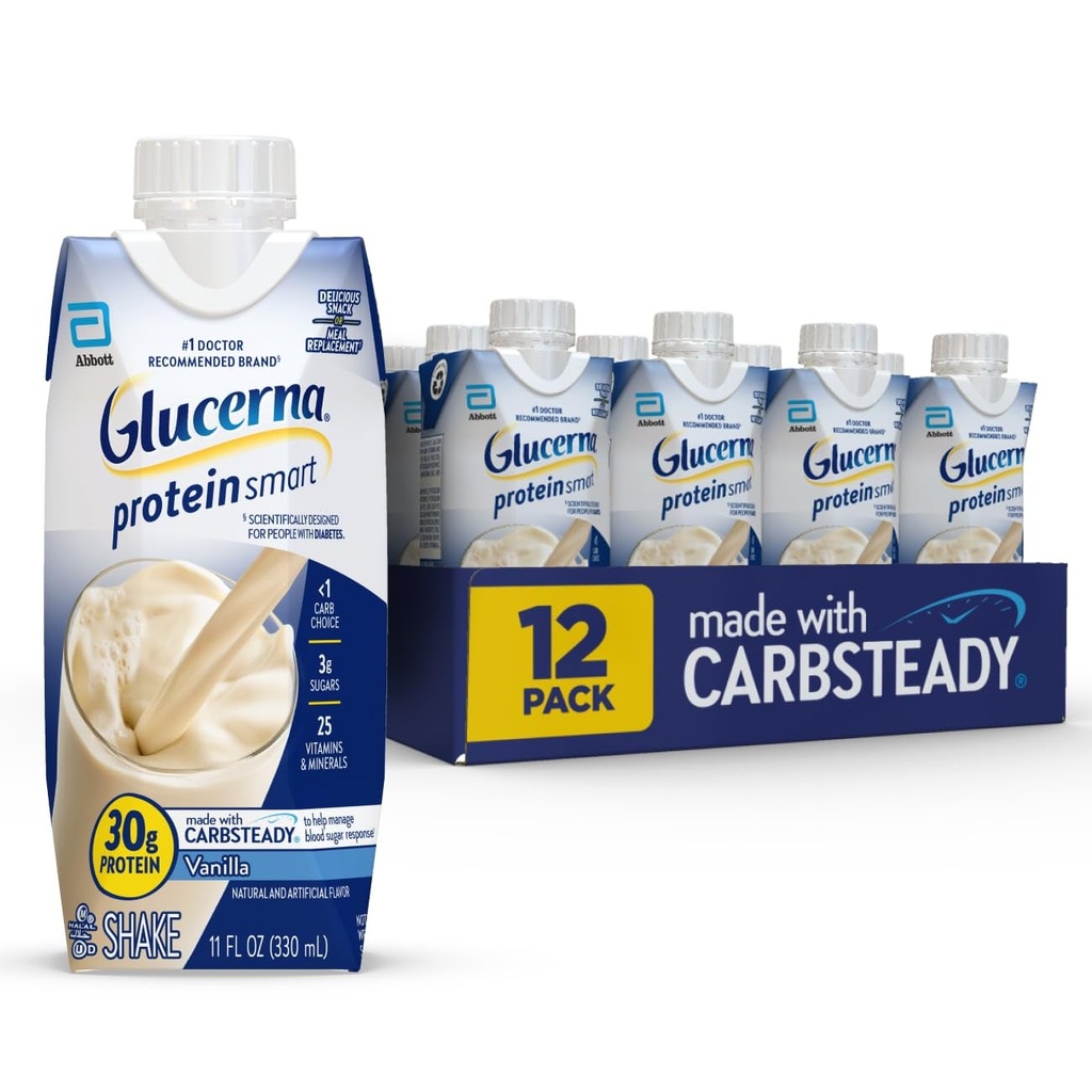 Glucerna חלבונים Smart Diabetes Care Shake, Vanilla, Diabetic Meal החלפת לתמיכה בניהול סוכר בדם, 30g חלבון, 150 קלוריות, מוכן לשתות, 11-fl-oz בקבוק, 12 Pack