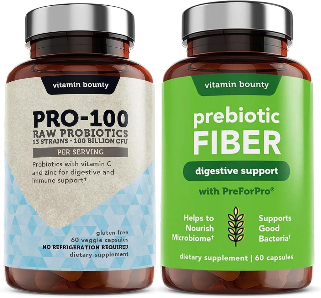 ויטמין Bounty Pro 100 Probiotics & Prebioticfi Bundle: Ultimate Gut Health Support with 13 Strains, 100 מיליארד CFUs, Zinc & C, נדחה כפסולות שחרור - 90 קפסולות