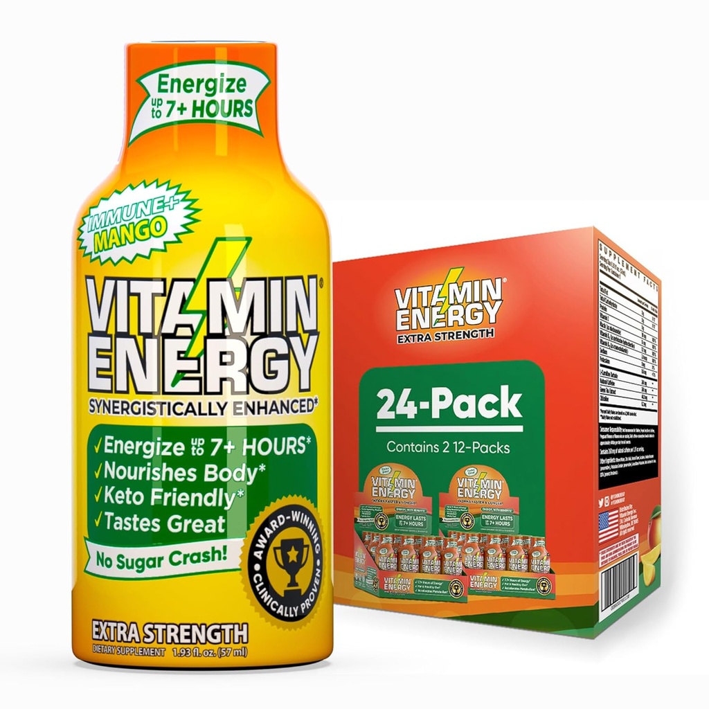 ויטמין אנרגיה Immune + תוספת כוח אנרגיה לירות מנגו 24 Pack, 260 מ"ג טבעי Caffeine, B-Vitamins, Citicoline, תה ירוק, Immunity & Focus תמיכה, Zero Sugar, Gluten-Free 1.83 floz oz